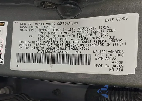 2005 Lexus Gx 470 z USA, uszkodzony, nr VIN JTJBT20X350083162